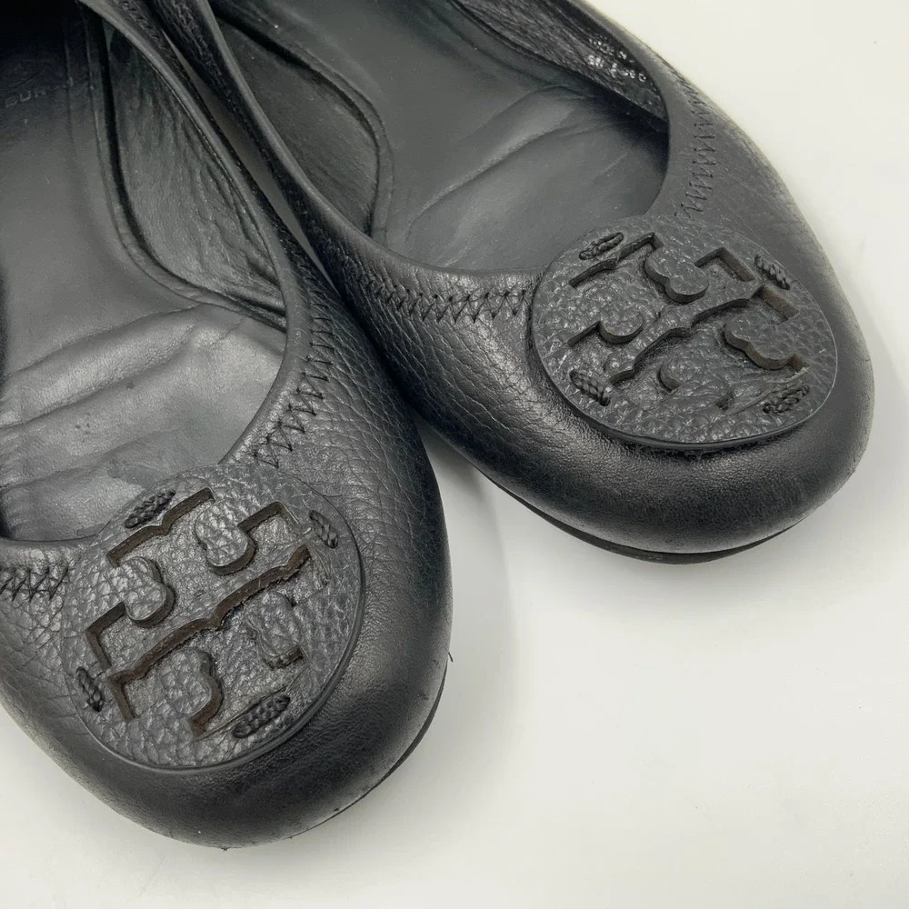 Tory Burch Minnie Travel Ballet Flats Black Leather Logo Medallion Size 8.5